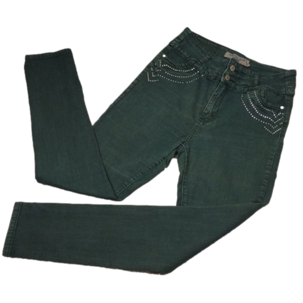 Adriana Jeans by Lamasini Vintage Green Embellished High Rise Skinny Color Jean